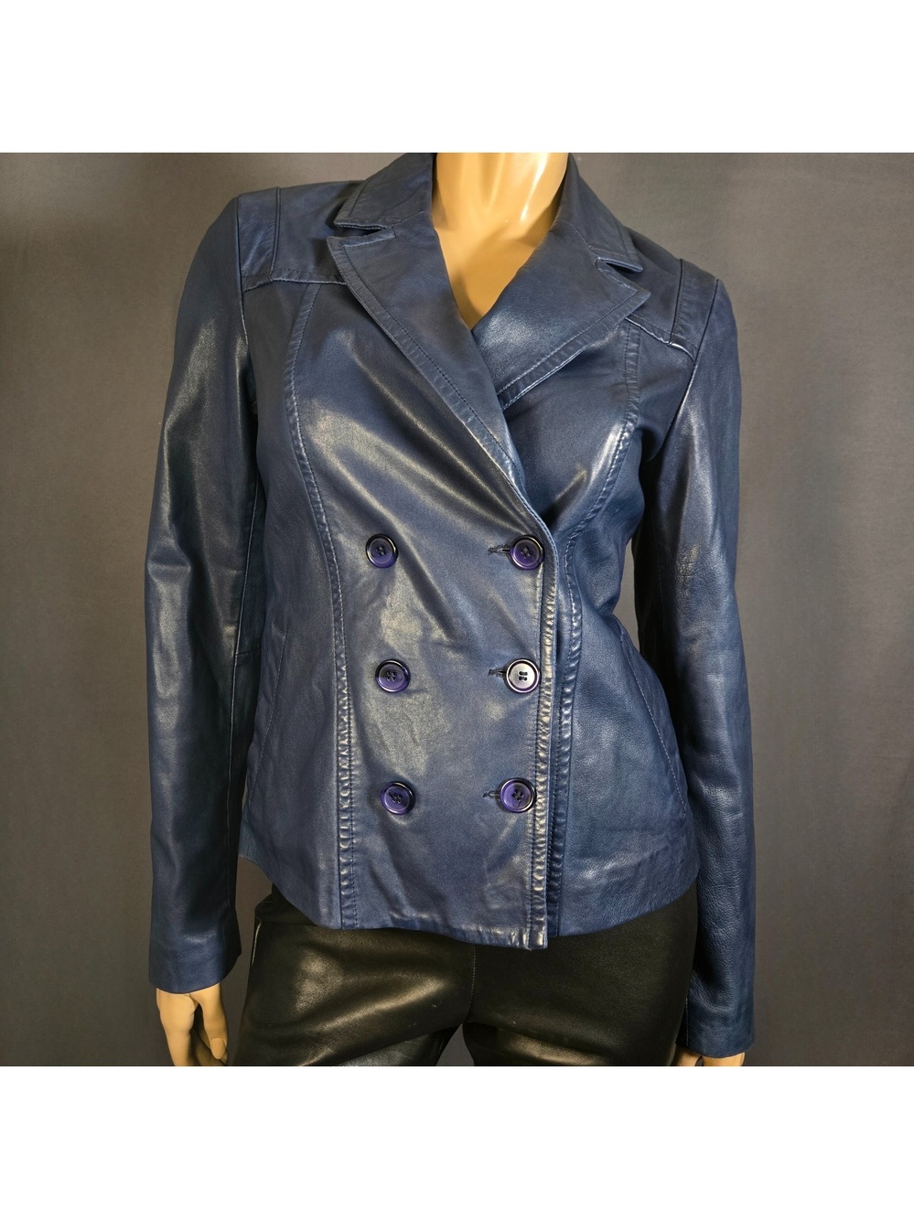 Vintage Y2K Danier Dark Blue Leather Blazer Jacket Size XS Double Breasted